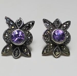 925 Silver Amethyst & Marcasite Earrings